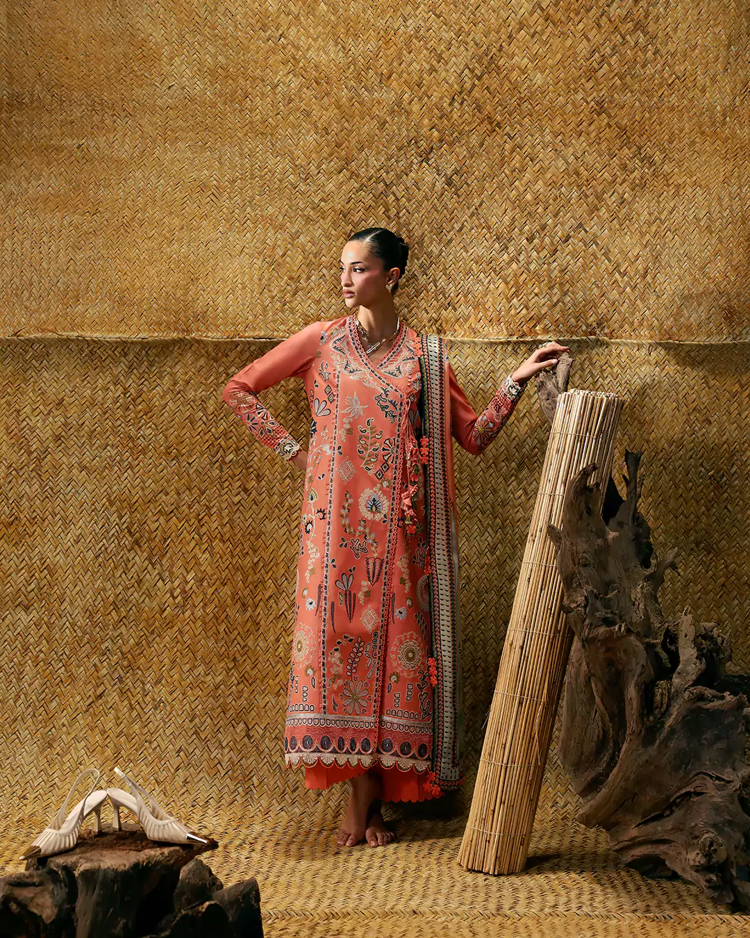Model wearing luxury lawn outfit for SABLE V 2026 campaign in Lahore
