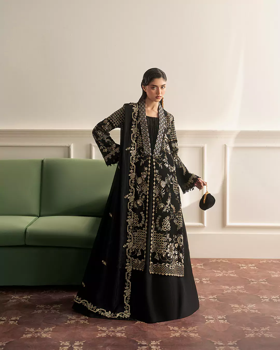 Close-up fashion portrait of female model styled in Sirra Formals luxury attire