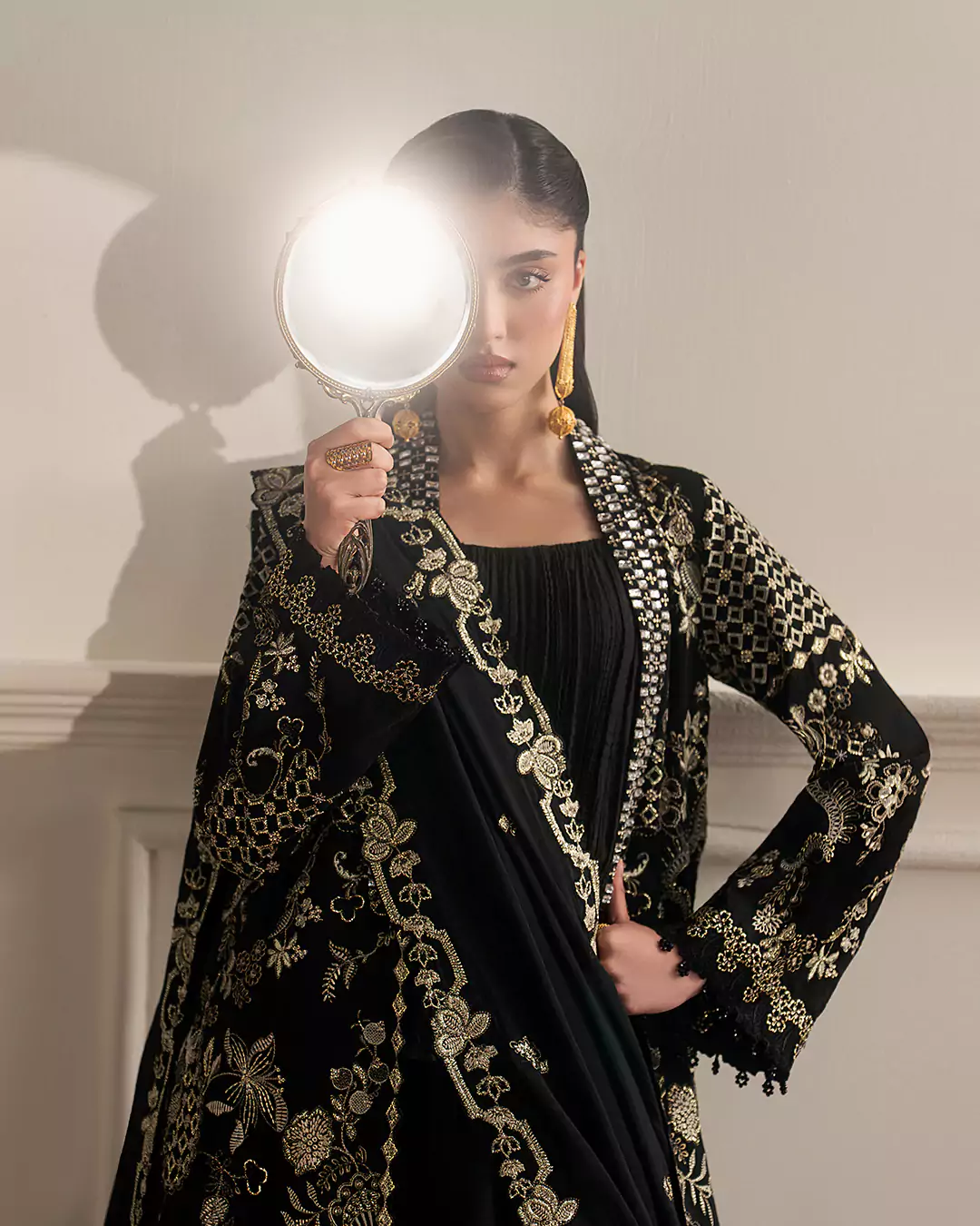 Full body editorial shot of model in Sirra Formals outfit emphasizing elegance and movement