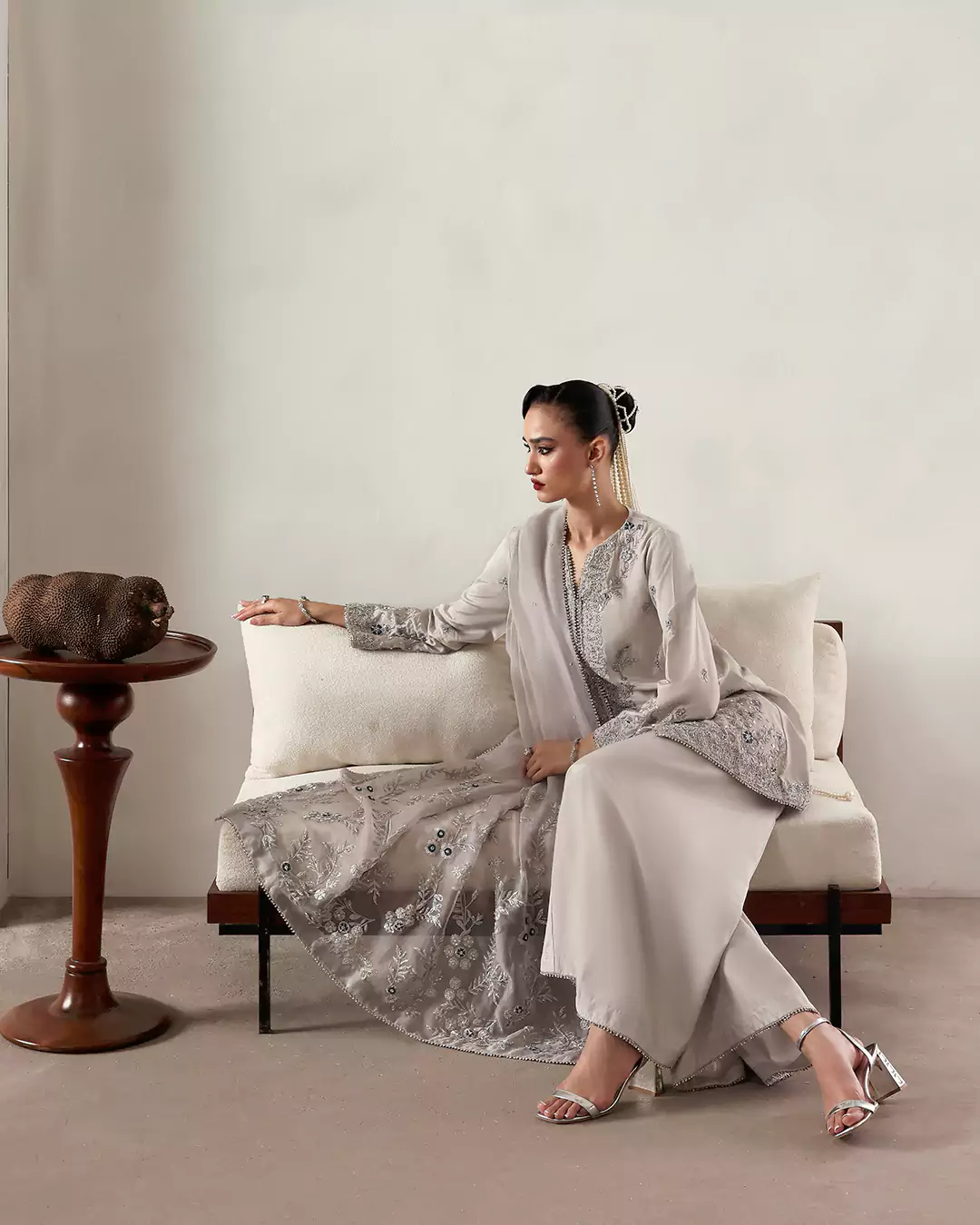 Detailed view of fabric, textures, and styling from Hina Muzaffar festive collection shoot