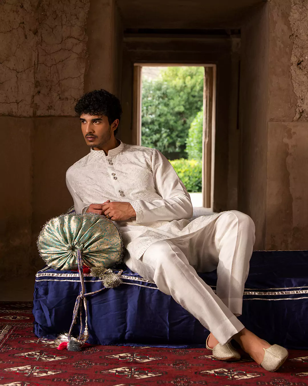 Fashion editorial image featuring Hazure festive menswear with modern styling and composition