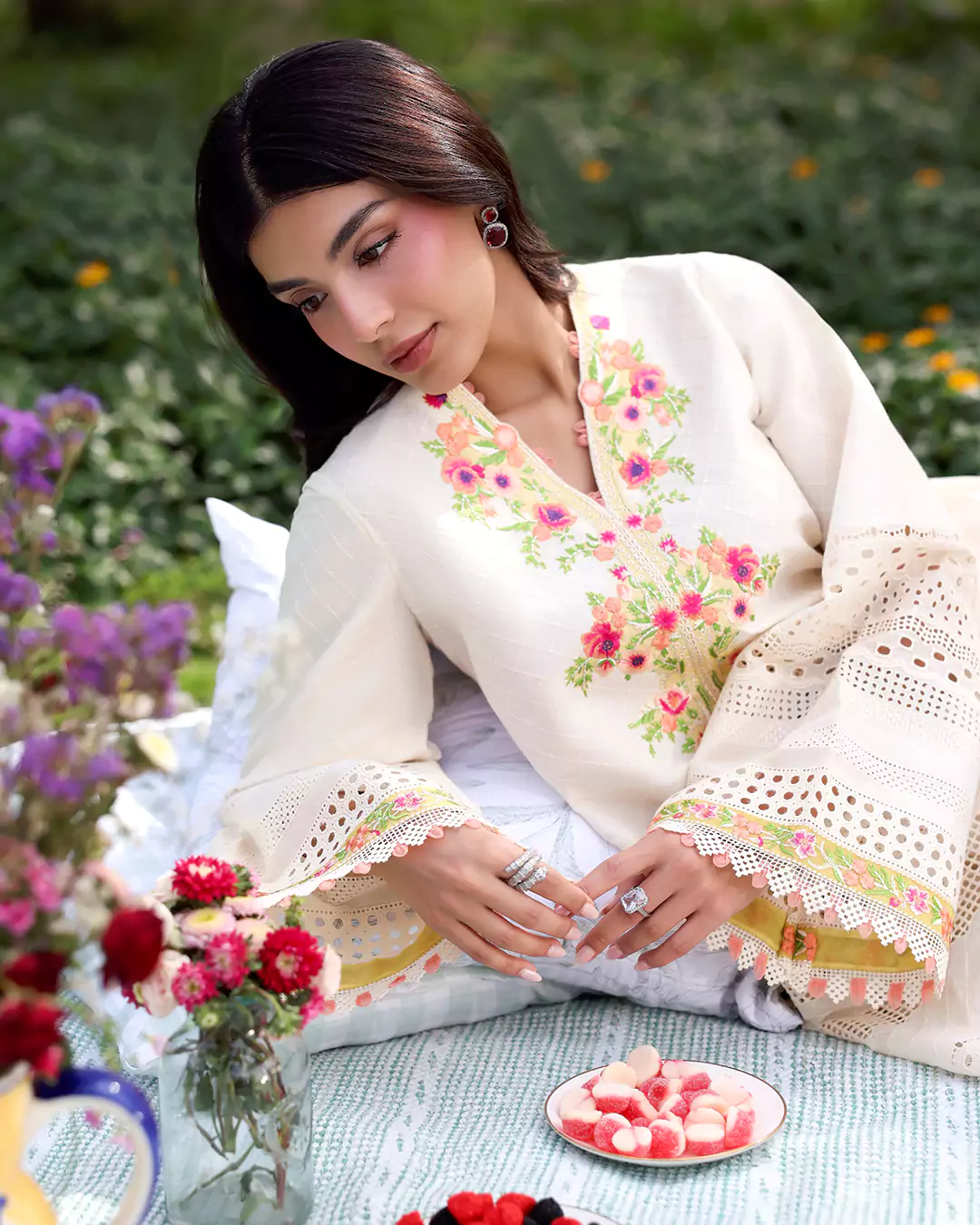 Close up detail shot of KOIÄ co-ords outfit showcasing fabric and design