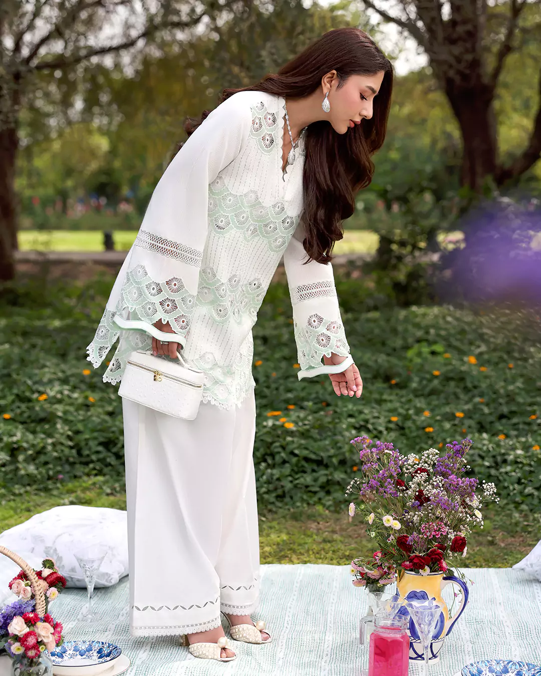 Model styled in KOIÄ co-ords set during fashion campaign shoot in Lahore