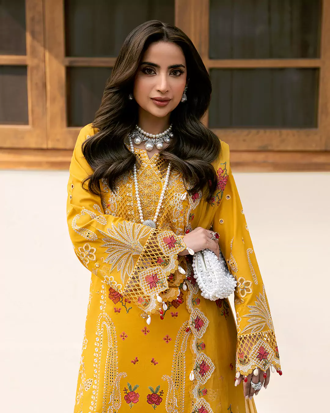 Saboor Aly wearing Farah Stores Aaraish Eid Edit collection during a Lahore fashion shoot