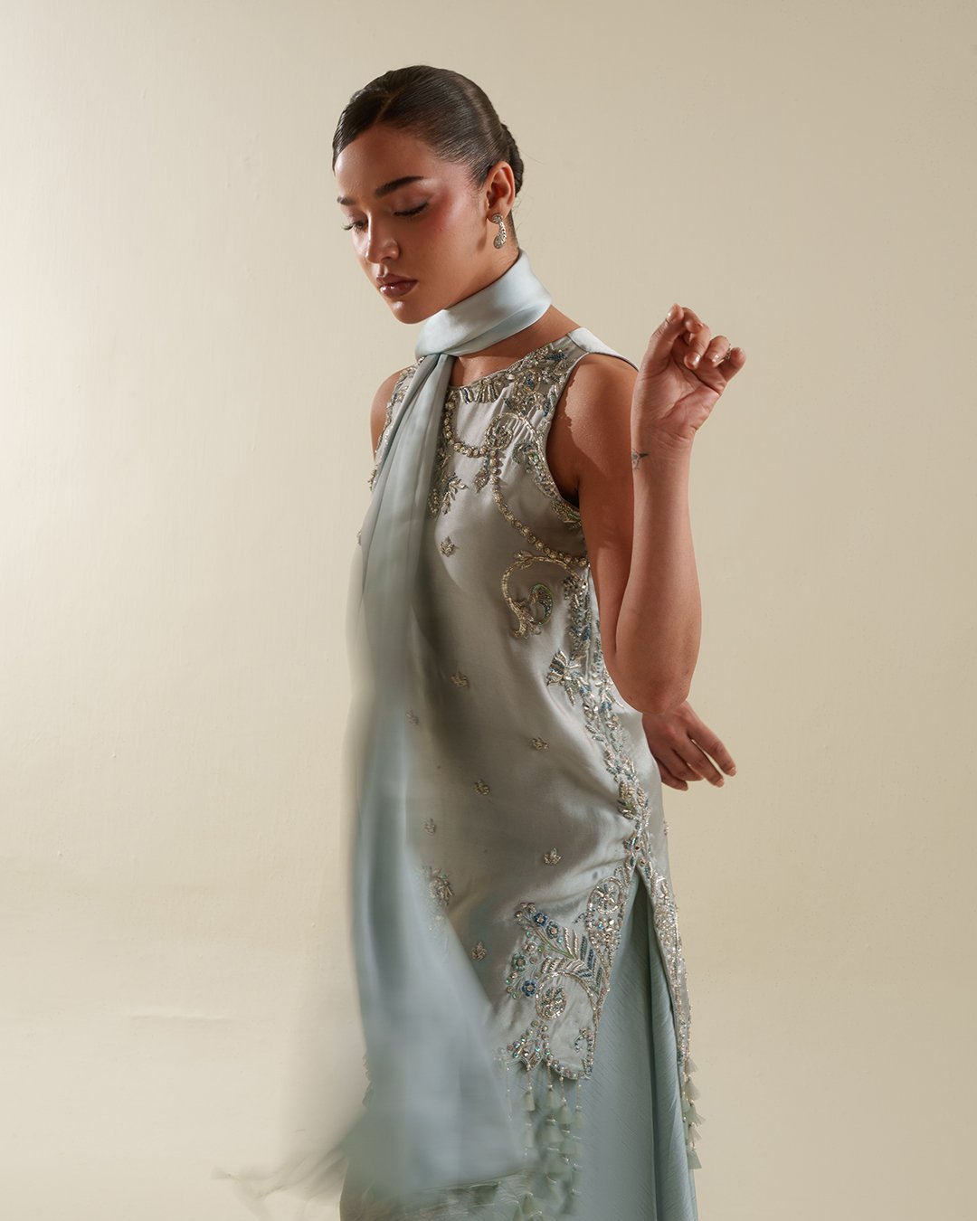 Refined formal fashion look from the Zubia Zainab 2026 campaign
