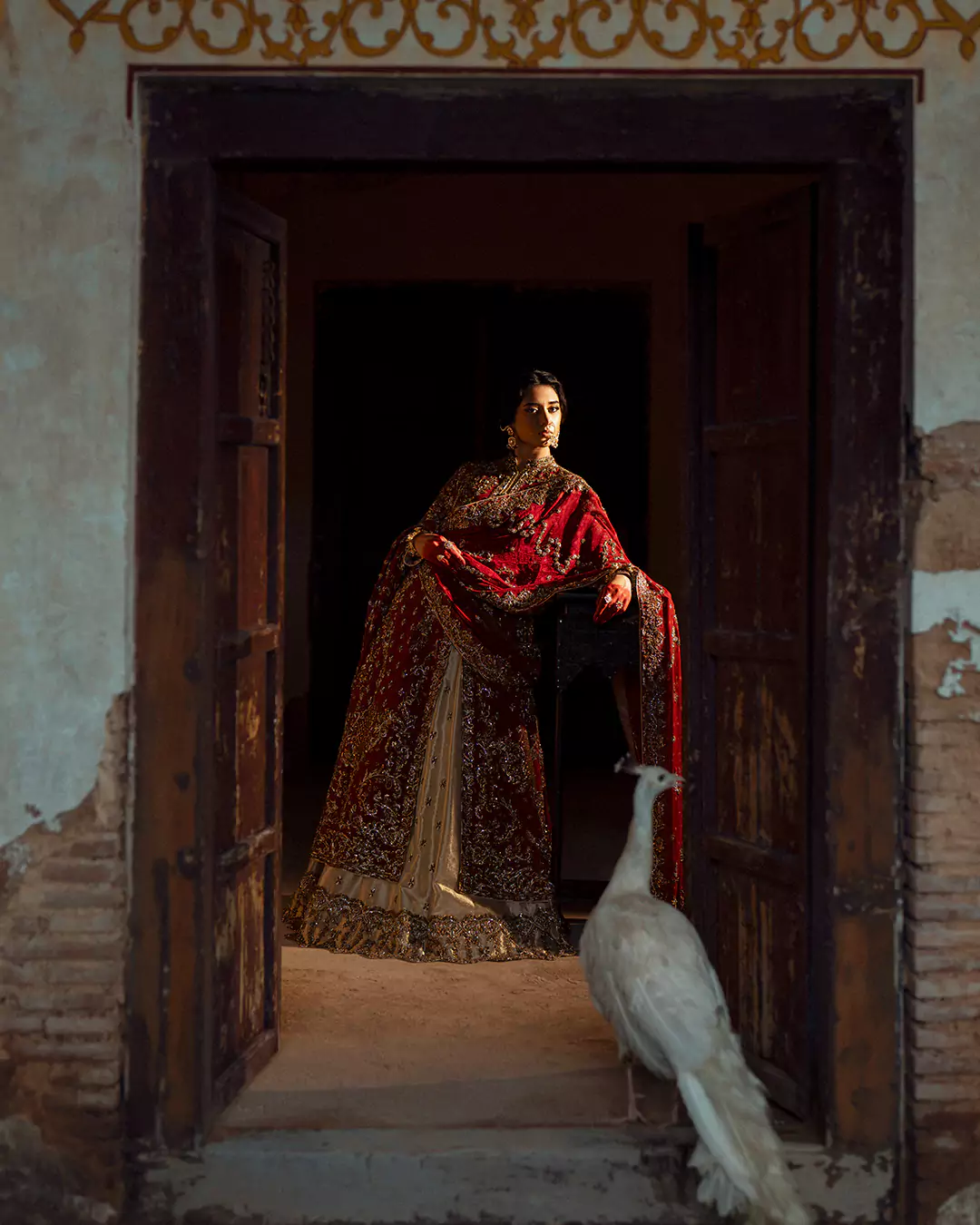 Model in a rich red velvet bridal outfit framed in an archway with a white peacock in the foreground